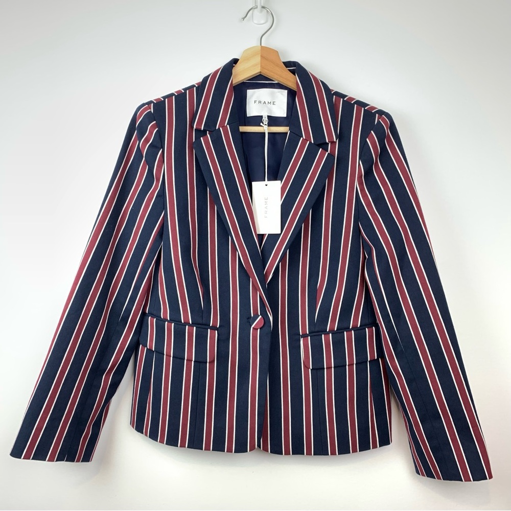 NWT Frame Blazer Vertical Stripes Sz 8 Blue Red Bold One Button Pockets Elegant
